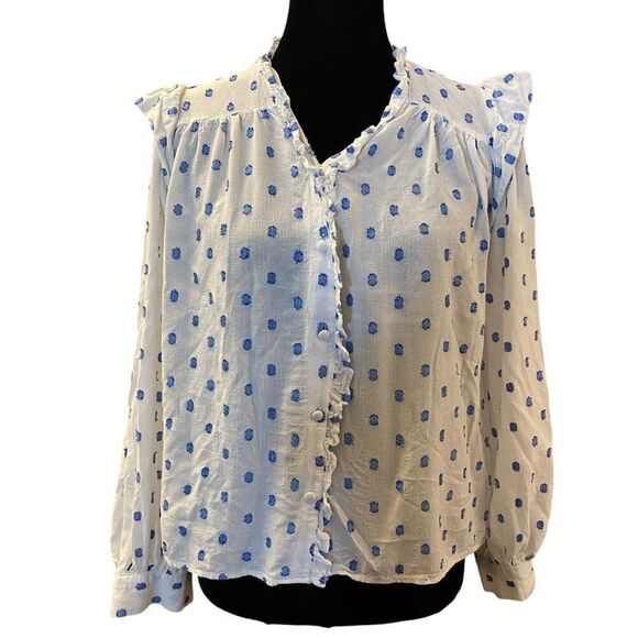 Zara White and Blue Metallic Polkadot Long Sleeve Button‎ Down Top Sz M - Picture 1 of 13